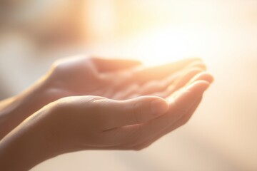 Manos abiertas recibiendo la luz dorada, Concepto de esperanza y espiritualidad, Primer plano de manos femeninas en gesto de oración, sanación y fe
