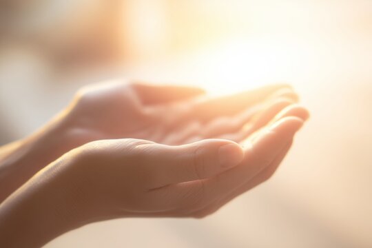 Manos abiertas recibiendo la luz dorada, Concepto de esperanza y espiritualidad, Primer plano de manos femeninas en gesto de oraci&oacute;n, sanaci&oacute;n y fe