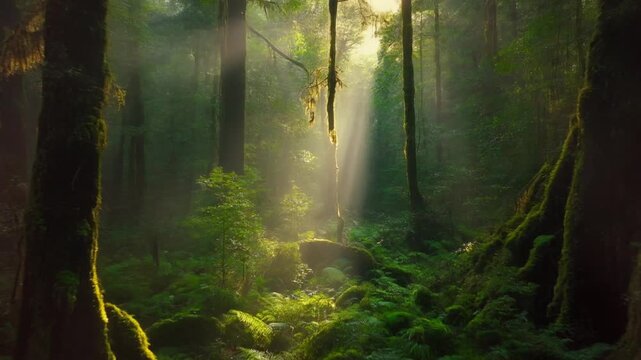 A breathtaking view of a dense tropical forest where intense sunlight rays (god rays) pierce through the misty canopy, illuminating vibrant ferns and mossy trees on the forest floor. This serene and t