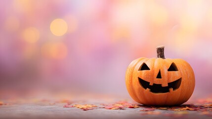 Smiling Jack OLantern Pumpkin on a Table with a Soft Pink and Orange Background for Halloween.