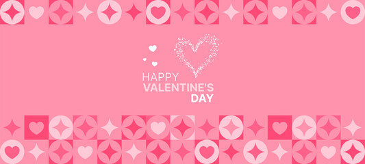Happy Valentines Day text with sparkling heart and geometric pattern for greeting card and banner design.