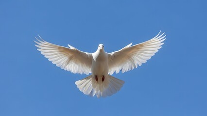 Obraz premium Soaring Serenity: A pristine white dove gracefully glides through the clear blue sky, its wings outstretched in a symbol of peace and freedom.