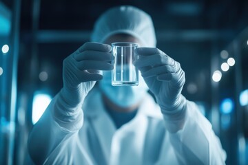 A person in a clean room holds up a clear glass container examining its contents carefully.
