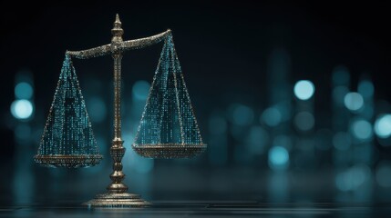 Digital scales of justice with binary code representing legal technology and cyber law concept