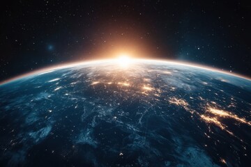 Obraz premium A distant sun rises over the glowing planet Earth from the vastness of space.