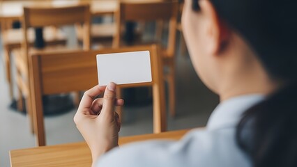 Businesswoman holding a blank business card, ready to network and connect in a professional setting