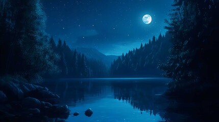 Full moon over calm forest lake with mountain reflection