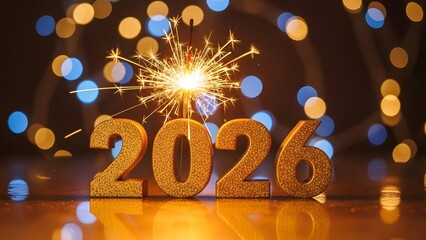 Sparkling new year 2026 celebration with golden decorations and lights