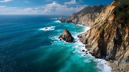 Stunning Coastal Vista - Turquoise Waters Meet Rugged Cliffs Under a Blue Sky.