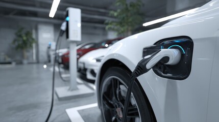Naklejka premium Electric vehicle charging at a modern indoor power station in a parking garage with blurred cars in background