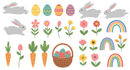 Fototapeta premium A large and adorable collection of Easter and spring clip art, featuring bunnies, decorated eggs, carrots, flowers and rainbows.