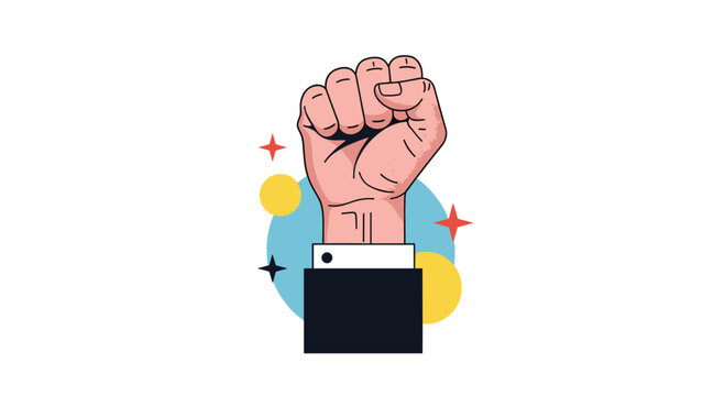 A powerful raised fist symbol of protest and revolution in a bold, graphic illustration style on a white background.