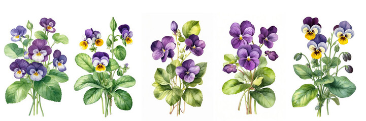 Watercolor pansy flower illustrations in purple and yellow on white