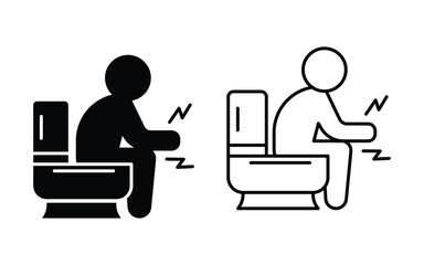 Diarrhea line and flat icon. Man is sitting on the toilet with pain in stomach and defecation diarrhea Vector illustration.