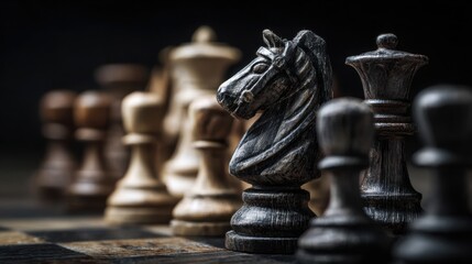 Fototapeta premium Close up of chess pieces on dark board