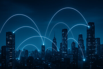 Futuristic urban network with glowing connections across tall buildings representing digital transformation global communication technology and virtual data flow system