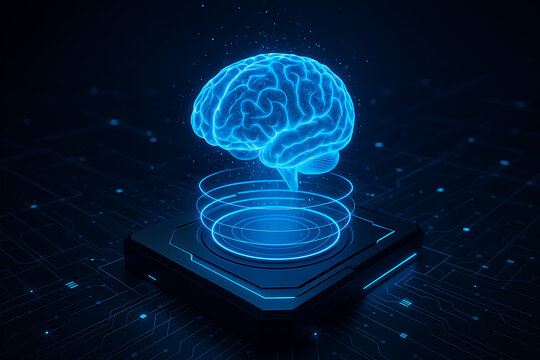 Glowing 3D hologram brain over circuit board representing innovation science virtual intelligence and advanced futuristic computer technology - Powered by Adobe
