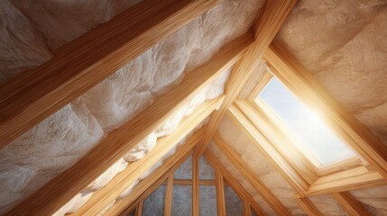 Sunlit attic with wooden beams and skylight,Energy Saving Week