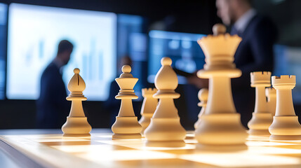 Strategic moves ahead: A chess game unfolds, mirroring business strategies. Blurred figures in the backdrop discuss data displayed on screens, symbolizing teamwork and strategic planning.