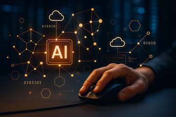 Hand on computer mouse with virtual AI interface connected to digital cloud network and modern computing technology