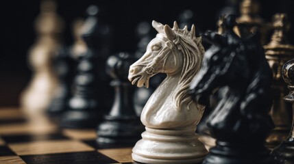 Obraz premium Close up of white knight chess piece on board