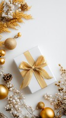 Caja de regalos de color blanco con lazo y decoraci&oacute;n en color dorado