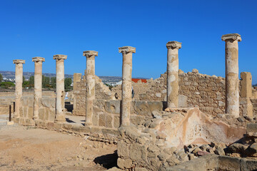 Fototapeta premium Antique roman columns. Paphos Archaeological Park or Kato Pafos Archaeological Park contains the major part of the important ancient Greek and Roman city and is located in Paphos, southwest Cyprus. 