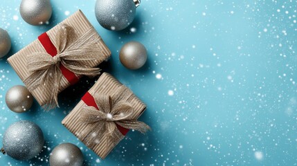 Cajas de regalo por Navidad y bolas decorativas de navidad sobre fondo azul, postal para dise&ntilde;os con espacio vac&iacute;o