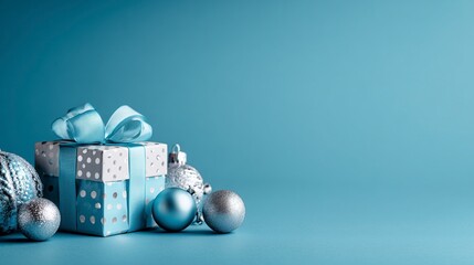 Cajas de regalo por Navidad y bolas decorativas de navidad sobre fondo azul, postal para dise&ntilde;os con espacio vac&iacute;o