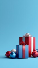 Cajas de regalo por Navidad y bolas decorativas de navidad sobre fondo azul, postal para dise&ntilde;os con espacio vac&iacute;o
