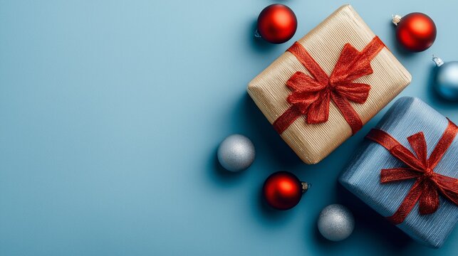 Cajas de regalo por Navidad y bolas decorativas de navidad sobre fondo azul, postal para dise&ntilde;os con espacio vac&iacute;o