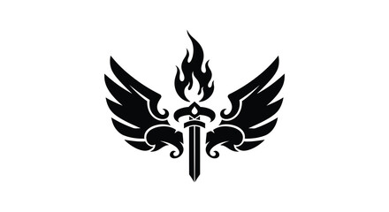 A striking black emblem depicting winged sword flames a powerful and symbolic design silhouette