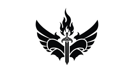 A striking black emblem featuring wings a sword and flames presented in a bold silhouette