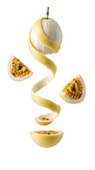 Creative deconstructed passion fruit with spiral peel and seeds, isolated on white background, perfect for healthy food and tropical fruit concepts