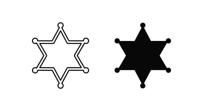 Two contrasting star sheriff badges are displayed one outlined and one as a bold silhouette