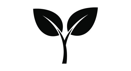 A simple black graphic depiction of a young plant sprout with two leaves a striking silhouette © nhpvect02