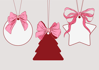 Set of decorative hanging gift tags with elegant pink ribbon bows in round, star and Christmas tree shapes. Soft pastel colors, festive holiday design, isolated illustration for cards