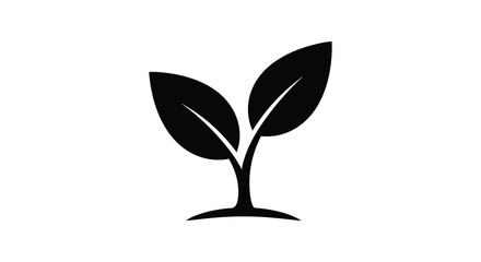 A simple black silhouette of a young plant sprouting with two leaves growing upwards silhouette