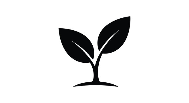 A simple black silhouette of a young plant sprouting with two leaves growing upwards silhouette