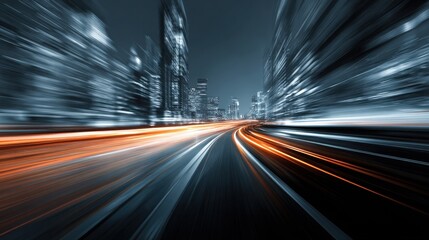 Futuristic city highway at night with high-speed light trails and motion blurred skyscrapers