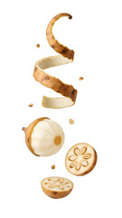 Floating peeled and sliced jicama with peel and seeds isolated on white background, fresh root vegetable perfect for healthy meals