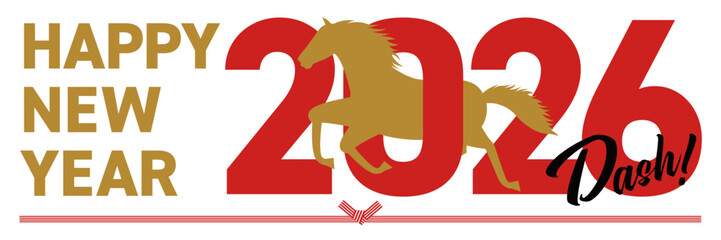 2026年をイメージしたシルエットの午とhappy new yearの年賀状_横長
