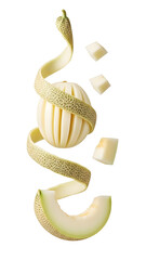 Fresh cantaloupe melon with spiraled peel and melon slices isolated on white background, perfect for healthy food and cooking recipes