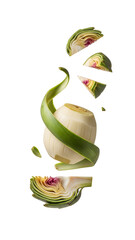Fresh artichoke with peeled leaves and sliced pieces isolated on white background, perfect for recipe or healthy food content