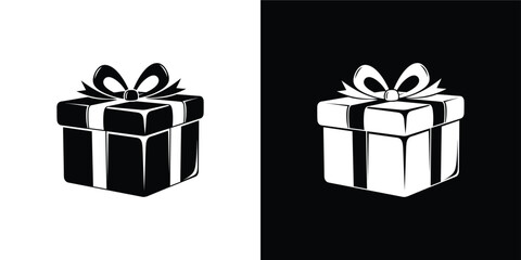 Gift Box Icons Set, Black and White Present Silhouettes with Ribbons for Holidays and Celebrations