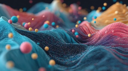 Abstract 3D digital landscape with undulating particle waves and floating colorful spheres representing big data visualization
