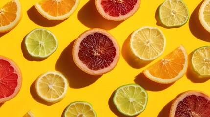 Obraz premium Vibrant Citrus Fruit Slices Arranged on a Bright Yellow Background.