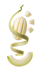 Fresh peeled honeydew melon with rind spiral and cube slices isolated on white background, healthy fruit concept