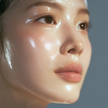 Piel de Cristal: Retrato de belleza coreana con enfoque en textura y luminosidad natural bajo luz solar, Macro de rostro joven con efecto 'Glass Skin' publicidad de s&eacute;rums, cremas y cuidado