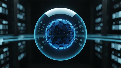 A glowing blue digital globe is centered in a futuristic server room, symbolizing global connectivity and advanced technology. - Powered by Adobe
